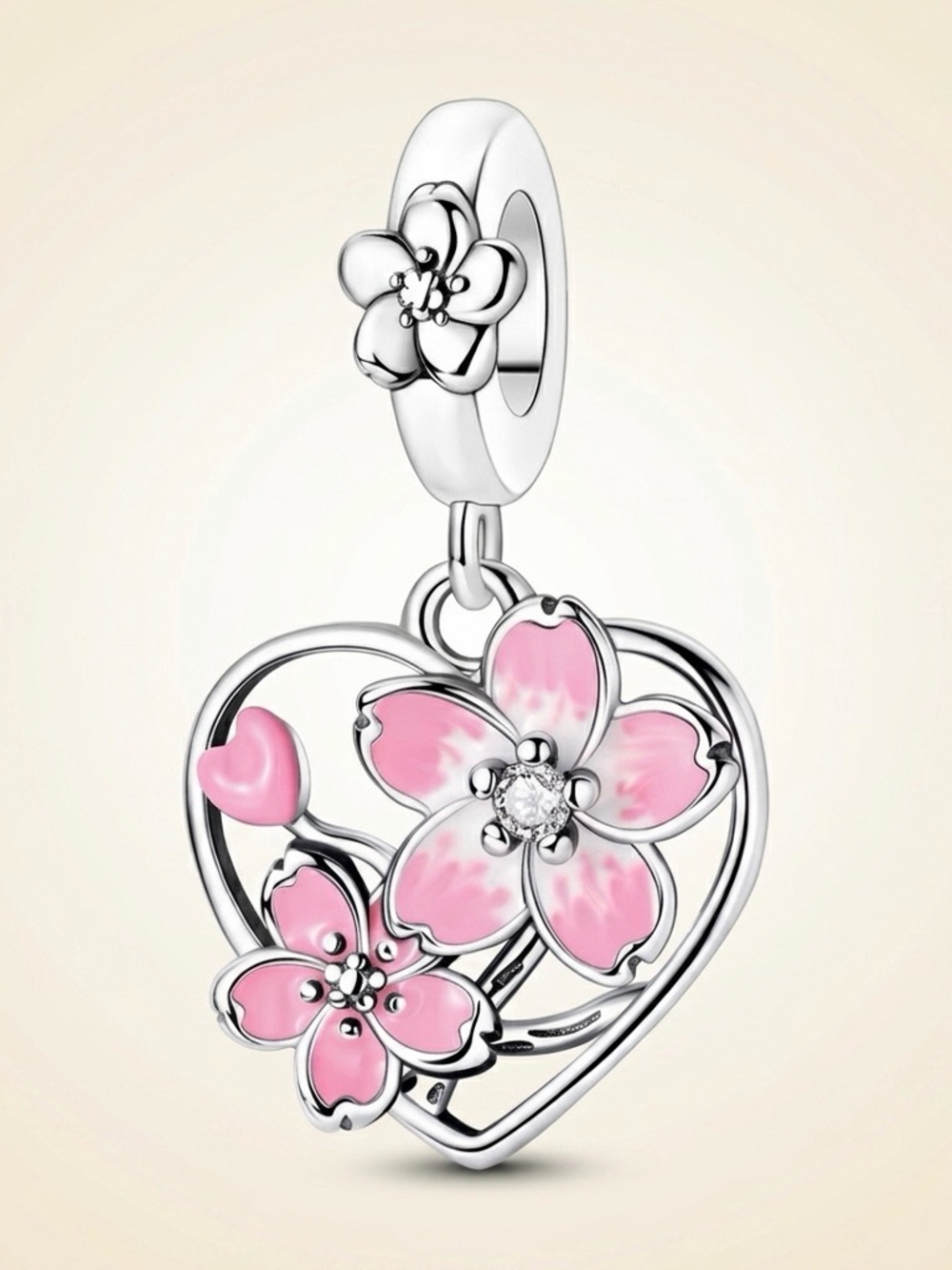 S925 Silver Cherry Blossom Heart Charm Pink Enamel CZ Pandora Fit Floral Gift